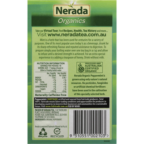 Nerada Organic Peppermint Tea Bags 40 Pack 60g