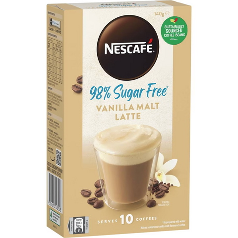 Nescafe 98% Sugar Free Vanilla Malt Latte Coffee Sachets 10 Pack