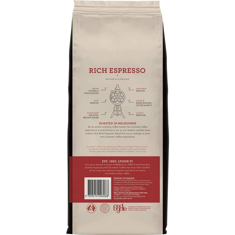 Grinders Rich Espresso Beans Rainforest Alliance Certified 1kg