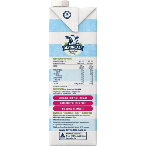 Devondale Semi Skim Long Life Milk 1l