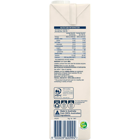 Liddells Full Cream Long Life Milk Lactose Free 1l