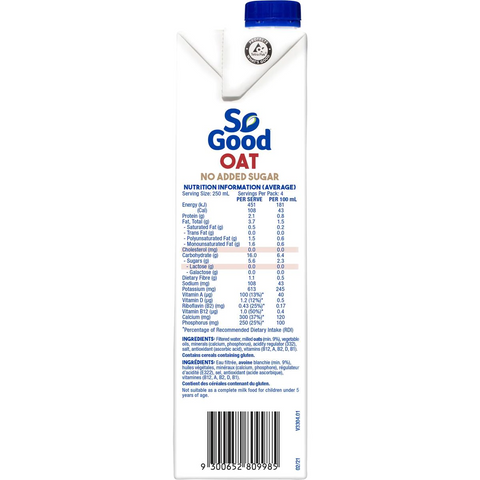 Sanitarium So Good Oat No Added Sugar Uht Milk 1l