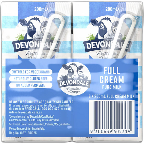 Devondale 100% Pure Full Cream Long Life Milk 6x200ml