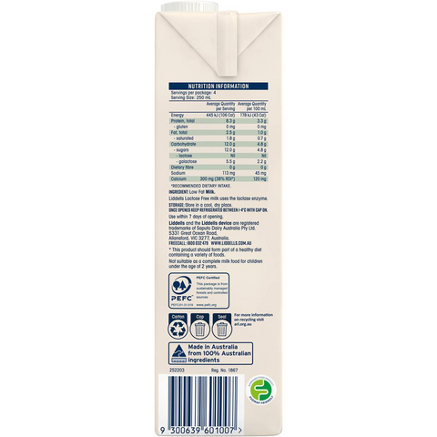 Liddells Low Fat Long Life Milk Lactose Free 1l