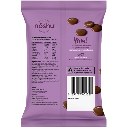 Noshu 95% Sugar Free Milk Chocolate Melts 150g