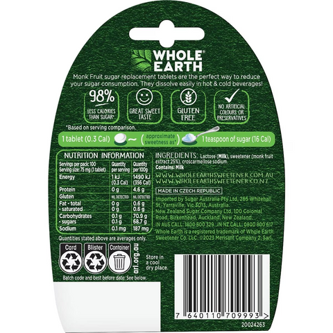 Whole Earth Monk Fruit Sugar Replacement Tablets 100 Pack