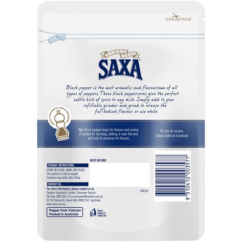 Saxa Black Whole Peppercorns Pepper 190g