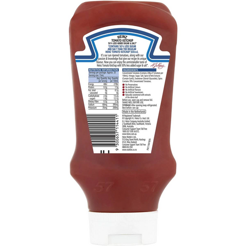 Heinz Ketchup Tomato Sauce 50% Less Added Sugar & Salt 500ml