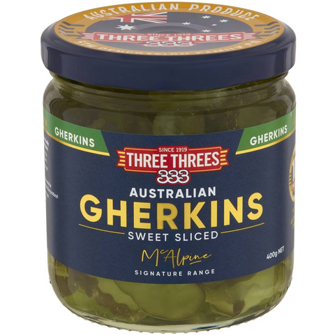 Three Threes Australian Gherkins Sweet Sliced 400g