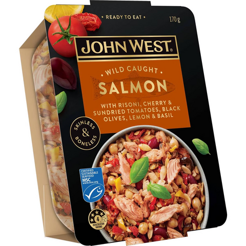 John West Wild Caught Salmon Bowl Cherry Tomatoes Olives &risoni 170g