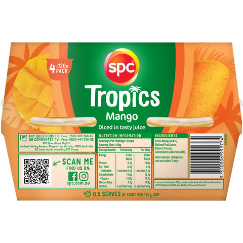 Spc Tropics Mangoes In Juice Fruit Cups 4 X 120g