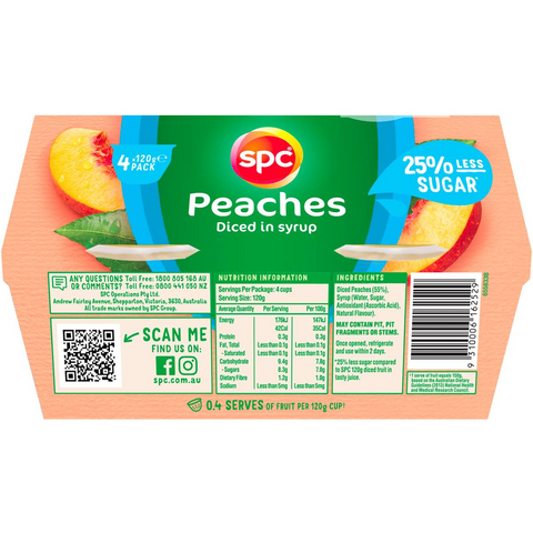 Spc Less Sugar Diced Peaches In Juice Fruit Cups 4 X 120g