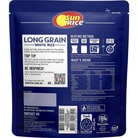 Sunrice Microwave Long Grain White Rice Pouch 450g