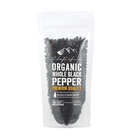 Certified Organic Whole Black Pepper – Plastic Bag 120g