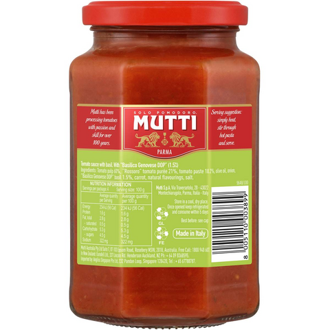 Mutti Gourmet Pasta Sauce Rossoro Tomatoes With Genovese Basil 400g