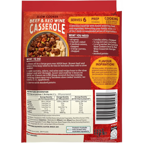 Mccormick Slow Cooker Beef & Red Wine Casserole Recipe Base 40g