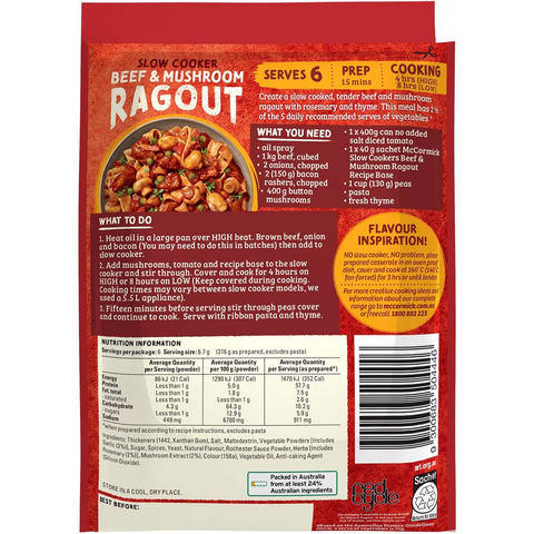 Mccormick Slow Cooker Beef & Mushroom Ragout Recipe Base 40g