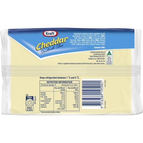 Kraft Cheddar Sandwich Slices 250g