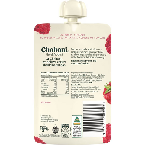 Chobani Raspberry Greek Yogurt Pouch 140g