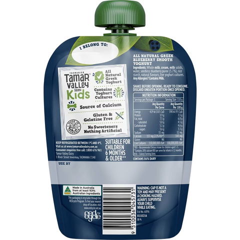 Tamar Valley Dairy Kids Greek Yoghurt Pouch Blueberry 110g