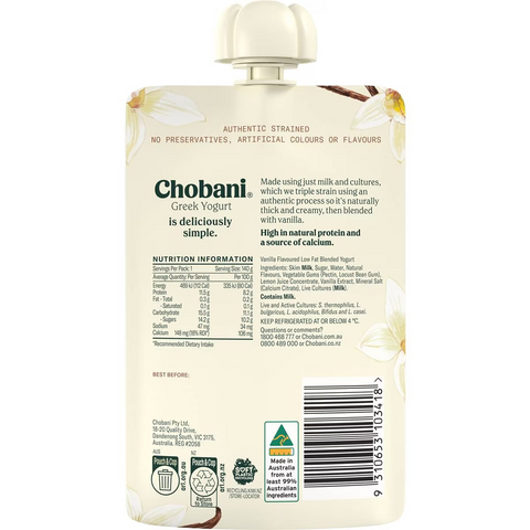 Chobani Vanilla Greek Yogurt Pouch 140g