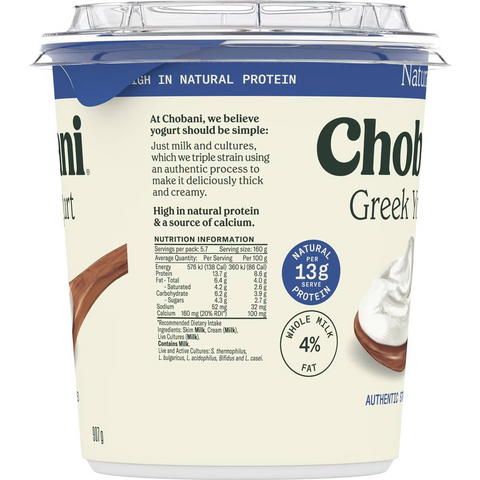 Chobani Greek Yogurt Natural Whole Milk 907g