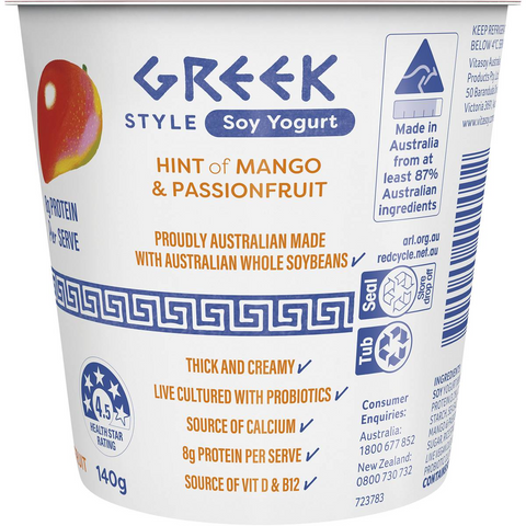 Vitasoy Greek Style Soy Yogurt Hint Of Mango & Passionfruit 140g