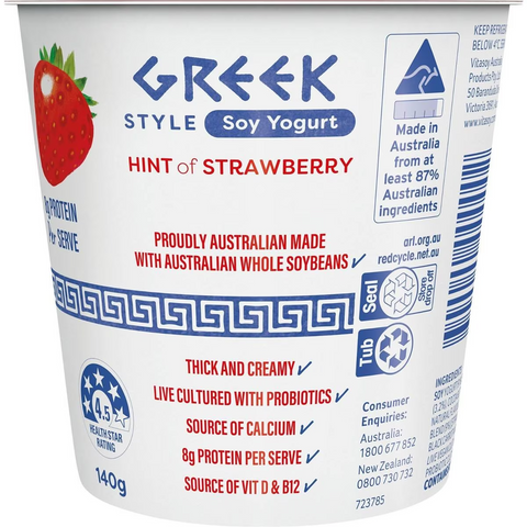 Vitasoy Greek Style Soy Yogurt Hint Of Strawberry 140g