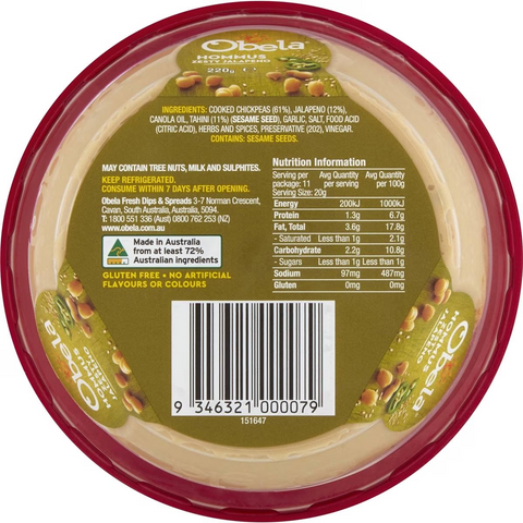 Obela Hommus Garnished With Zesty Jalapenos 220g