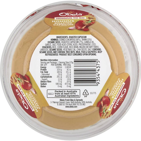 Obela Hommus To Go Roasted Capsicum & Sakata Crackers 125g