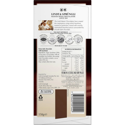 Lindt Les Grandes Dark Chocolate & Hazelnut Block 150g