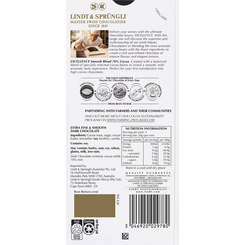 Lindt Excellence Dark Chocolate 70% Smooth Blend Cocoa Block 100g