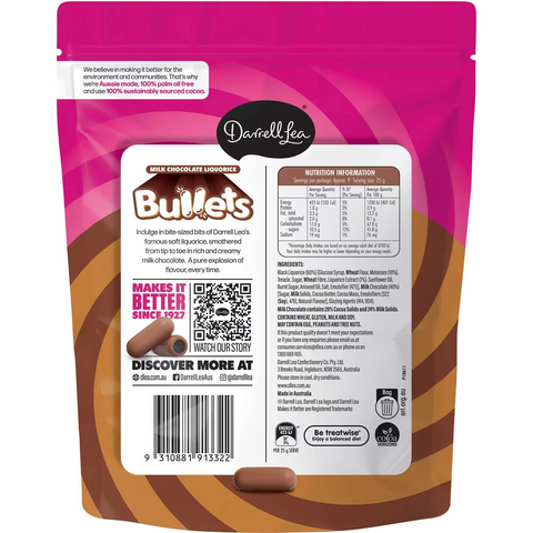 Darrell Lea Milk Chocolate Liquorice Bullets Share Bag 226g