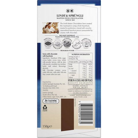 Lindt Les Grandes Milk Chocolate & Hazelnut Block 150g