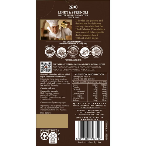 Lindt No Sugar Added Dark Chocolate Block 100g