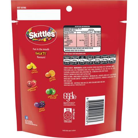 Skittles Fruits Chewy Lollies Party Share Bag 380g