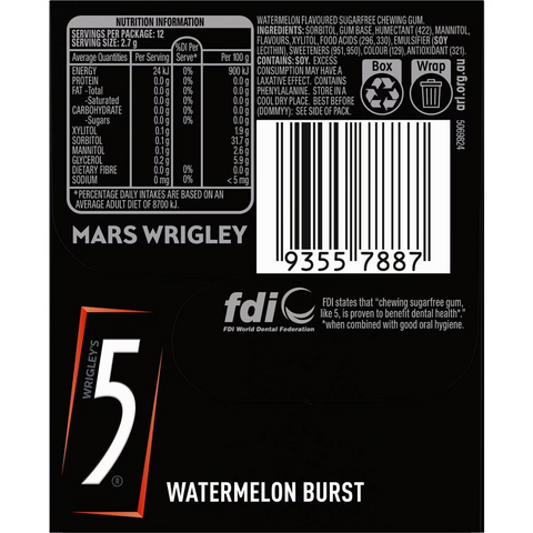 5gum Watermelon Burst Sugar Free Gum 12pc 32g