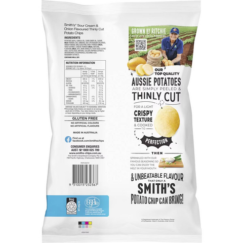 Smith's Thinly Cut Potato Chips Sour Cream & Onion Share Pack 175g