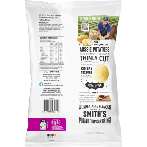 Smith's Thinly Cut Potato Chips Share Pack Salt & Vinegar 175g