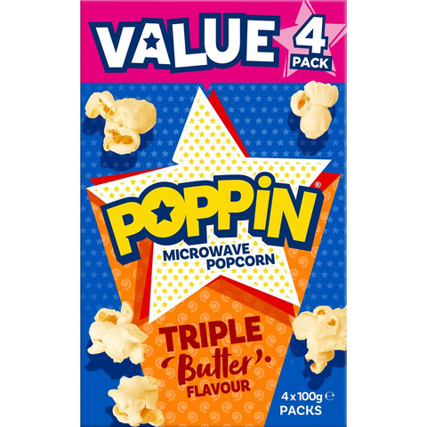 Poppin Microwave Popcorn Triple Butter Flavour Explosion 100g X4 Pack