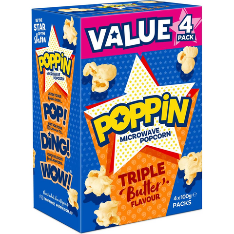 Poppin Microwave Popcorn Triple Butter Flavour Explosion 100g X4 Pack