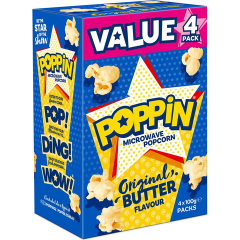 Poppin Microwave Popcorn Butter Flavour 100g X4 Pack