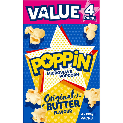 Poppin Microwave Popcorn Butter Flavour 100g X4 Pack