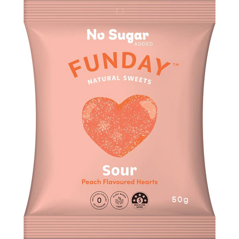 Funday Natural Sweets No Sugar Added Lollies Sour Peach Hearts 50g