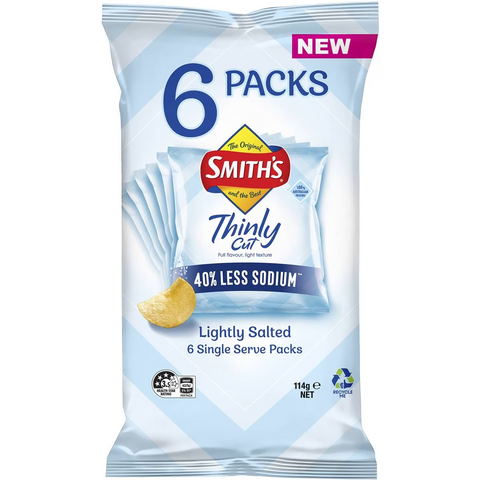 Smith's Thinly Cut Lightly Salted Less Salt Potato Chips Multipack 114g