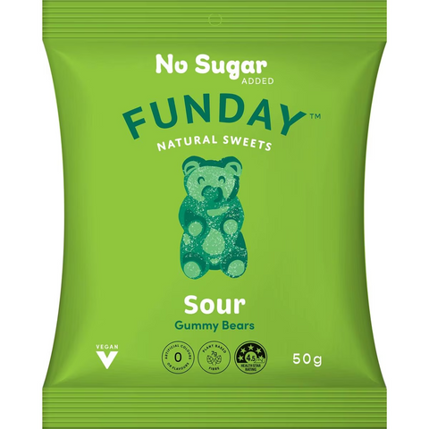 Funday Natural Sweetsno Sugar Added Vegan Lollies Sour Gummy Bears 50g