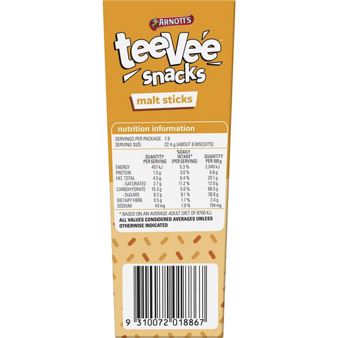 Arnott's Tee Vee Snacks Malt Sticks Chocolate Biscuits 175g