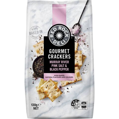 Red Rock Deli Gourmet Crackers Murray River Pink Salt & Black Pepper 130g