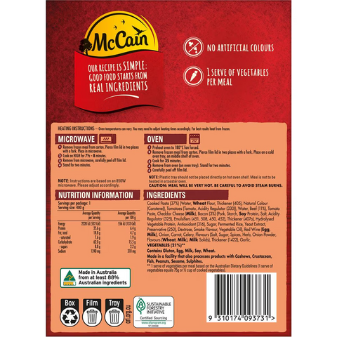 Mccain Beef & Bacon Pasta Bake Frozen Meal 400g