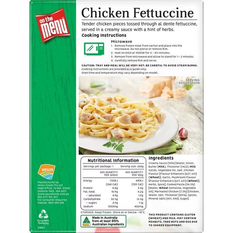 On The Menu Chicken Fettuccine Frozen Meal 260g